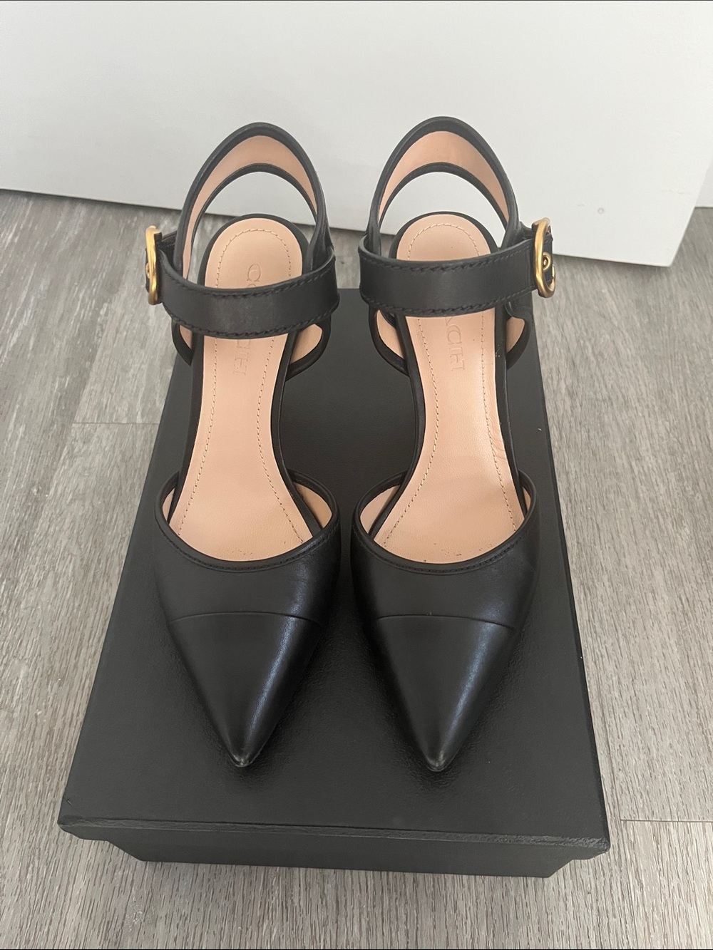 Coach Black Leather Pointed-Toe Ankle Strap Heels with Gold Buckle